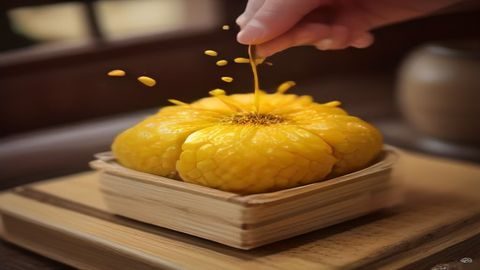 水蜜桃视频美食探店专题封面图，展示色泽诱人的各类美食摆盘，背景为热闹的街头餐厅环境，画面温暖明亮充满食欲